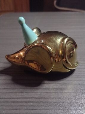 Gold Ceramic Mouse Figurine with Light Blue Hat
